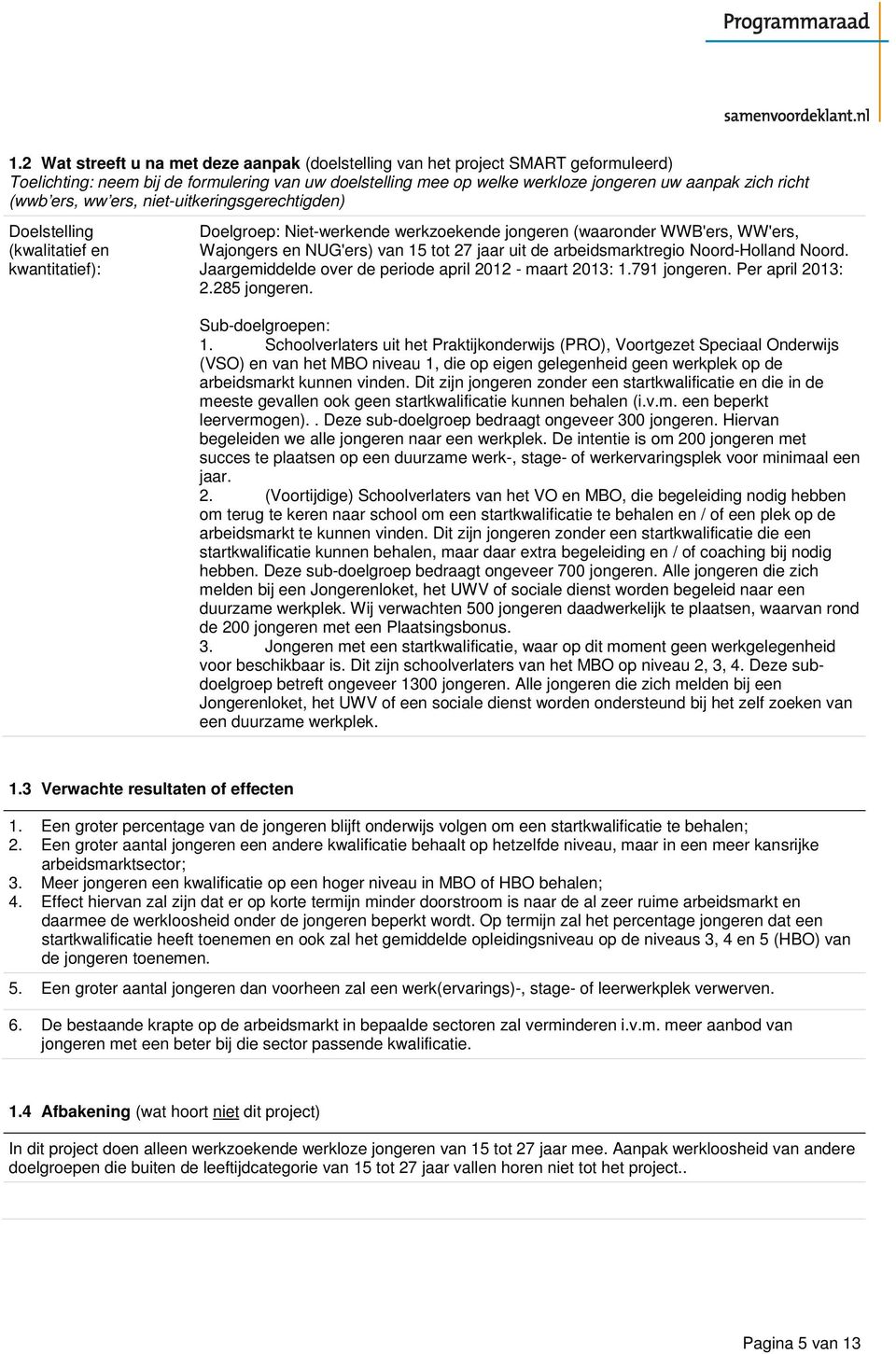 27 jaar uit de arbeidsmarktregio Noord-Holland Noord. Jaargemiddelde over de periode april 2012 - maart 2013: 1.791 jongeren. Per april 2013: 2.285 jongeren. Sub-doelgroepen: 1.