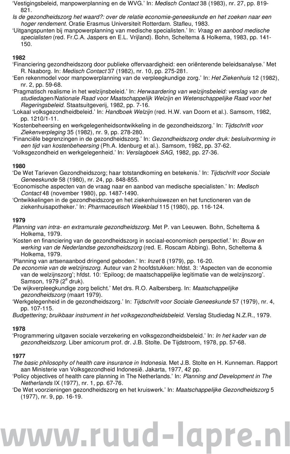 In: Vraag en aanbod medische specialisten (red. Fr.C.A. Jaspers en E.L. Vrijland). Bohn, Scheltema & Holkema, 1983, pp. 141-150.