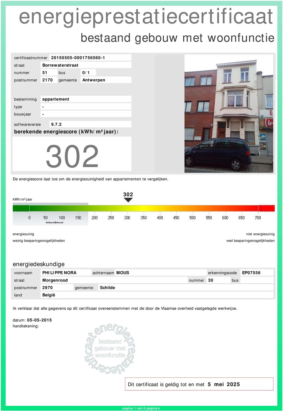 kwh/m²jaar 302 energiezuinig weinig besparingsmogelijkheden niet energiezuinig veel besparingsmogelijkheden energiedeskundige voornaam PHILIPPE NORA achternaam MOUS erkenningscode EP07556