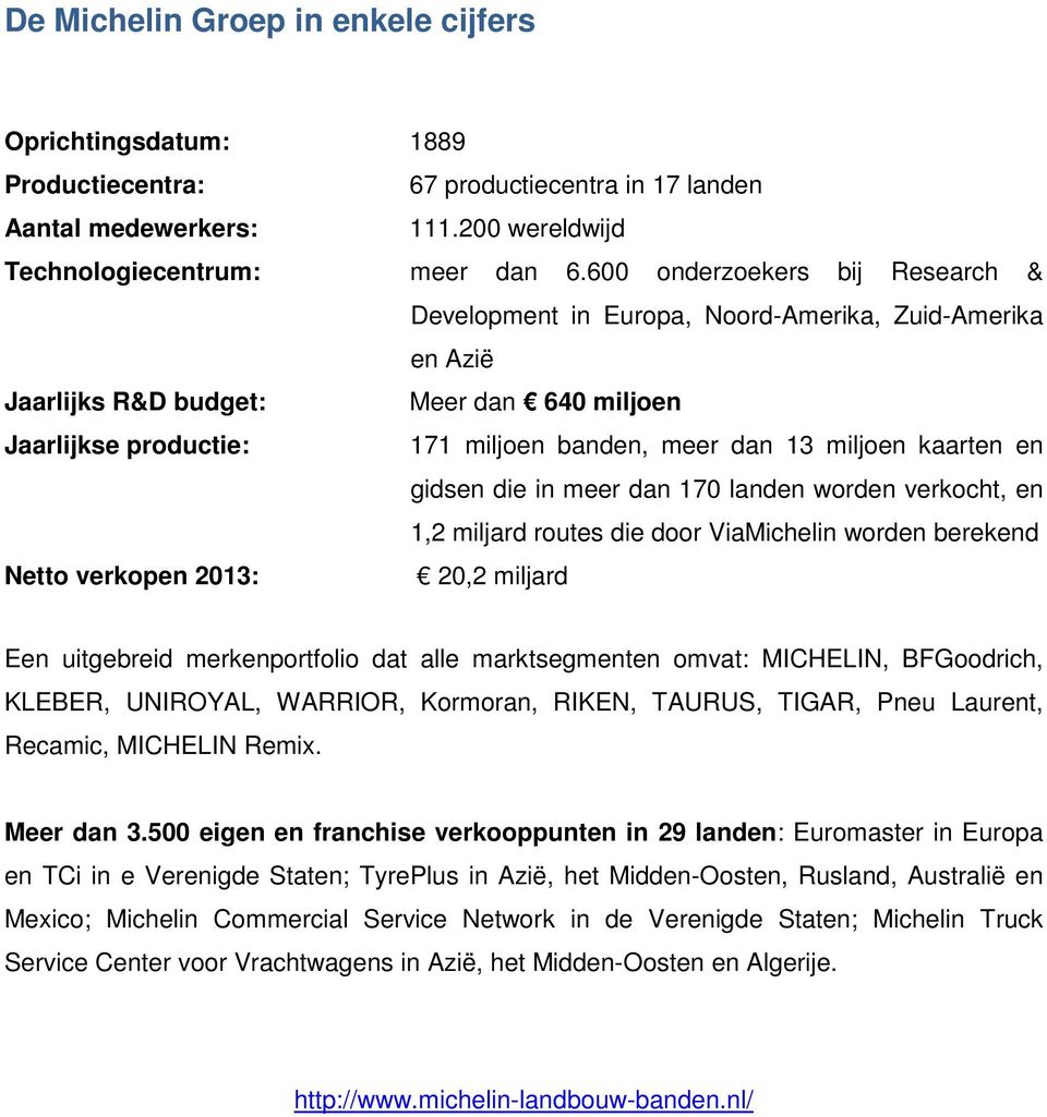 kaarten en gidsen die in meer dan 170 landen worden verkocht, en 1,2 miljard routes die door ViaMichelin worden berekend Netto verkopen 2013: 20,2 miljard Een uitgebreid merkenportfolio dat alle