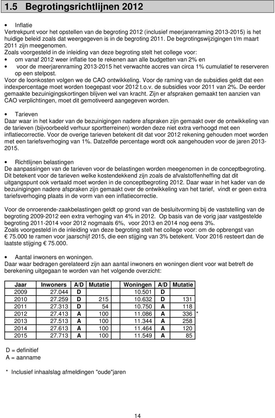 Zoals voorgesteld in de inleiding van deze begroting stelt het college voor: om vanaf 2012 weer inflatie toe te rekenen aan alle budgetten van 2% en voor de meerjarenraming 2013-2015 het verwachte