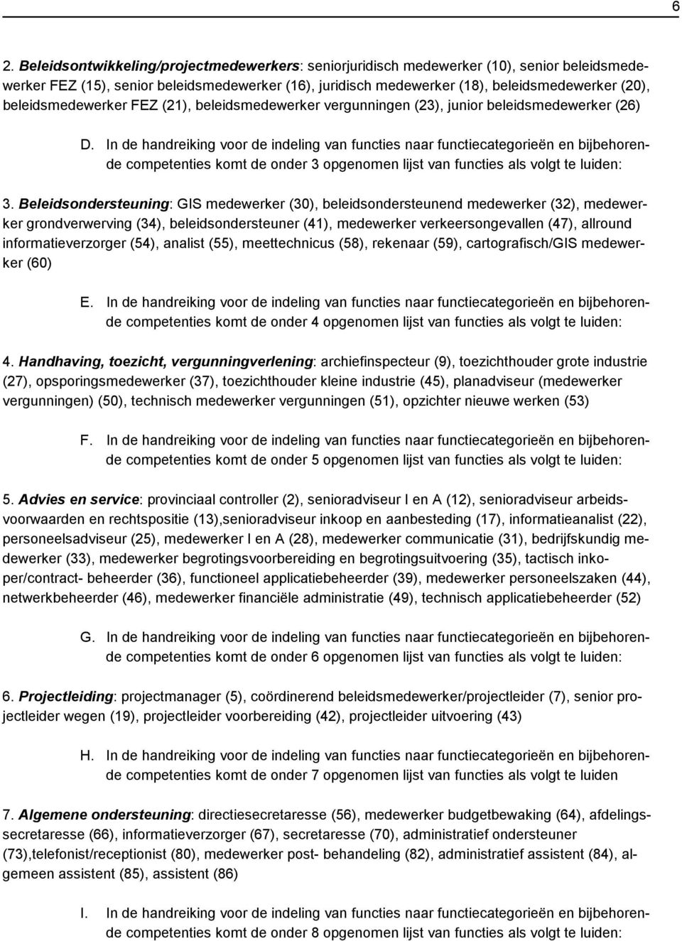 In de handreiking voor de indeling van functies naar functiecategorieën en bijbehorende competenties komt de onder 3 opgenomen lijst van functies als volgt te luiden: 3.