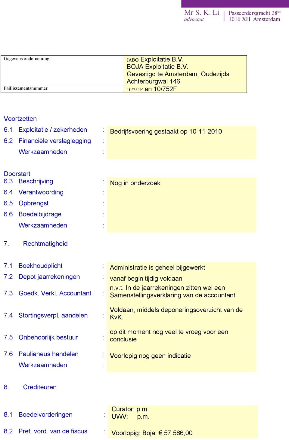 4 Stortingsverpl. aandelen : 7.5 Onbehoorlijk bestuur : Voldaan, middels deponeringsoverzicht van de KvK. op dit moment nog veel te vroeg voor een conclusie 7.