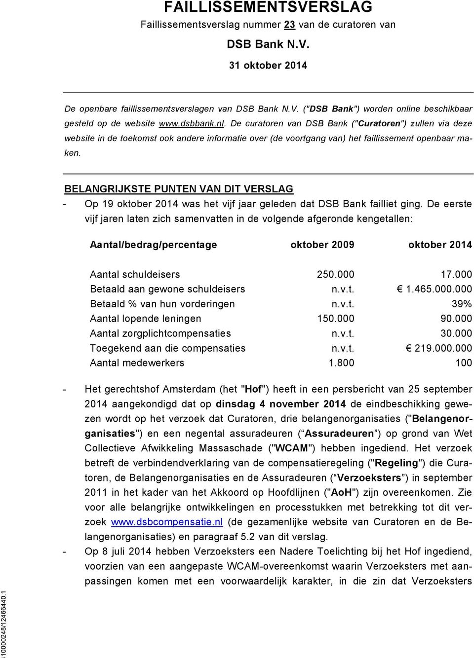 BELANGRIJKSTE PUNTEN VAN DIT VERSLAG - Op 19 oktober 2014 was het vijf jaar geleden dat DSB Bank failliet ging.