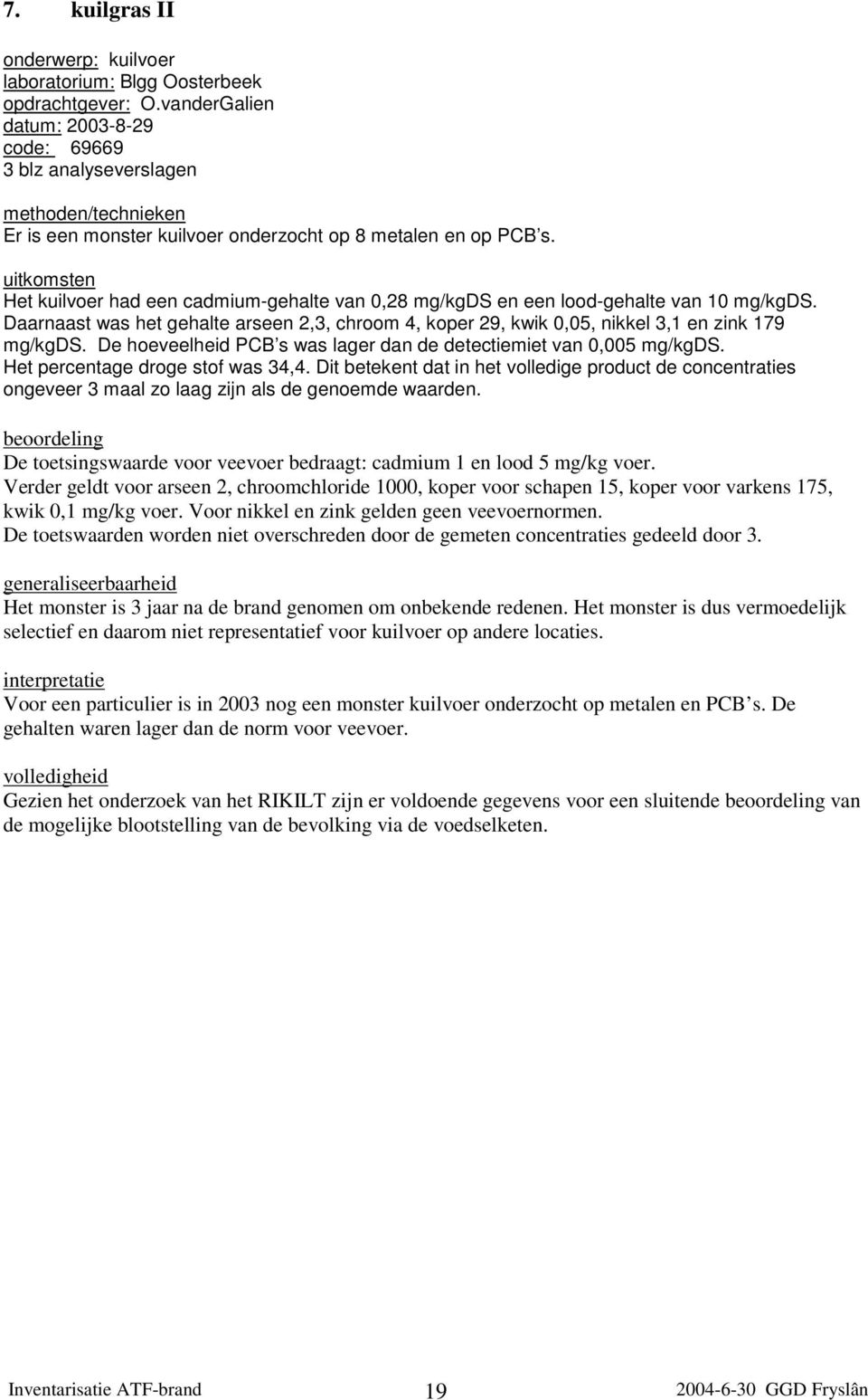 Het kuilvoer had een cadmium-gehalte van 0,28 mg/kgds en een lood-gehalte van 10 mg/kgds. Daarnaast was het gehalte arseen 2,3, chroom 4, koper 29, kwik 0,05, nikkel 3,1 en zink 179 mg/kgds.