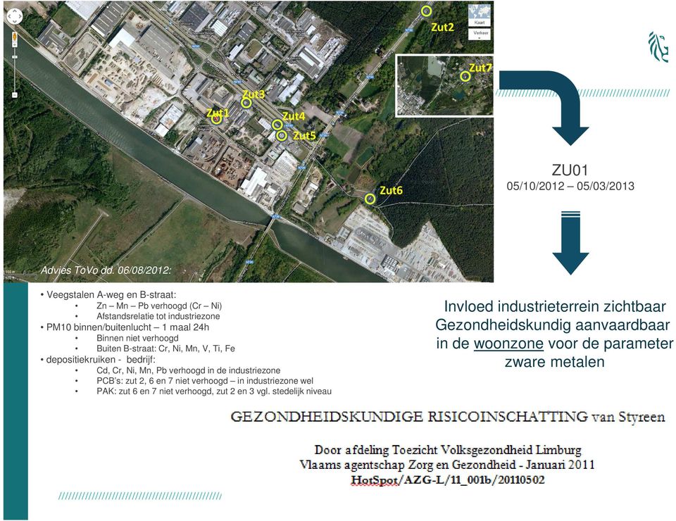 Binnen niet verhoogd Buiten B-straat: Cr, Ni, Mn, V, Ti, Fe depositiekruiken - bedrijf: Cd, Cr, Ni, Mn, Pb verhoogd in de industriezone