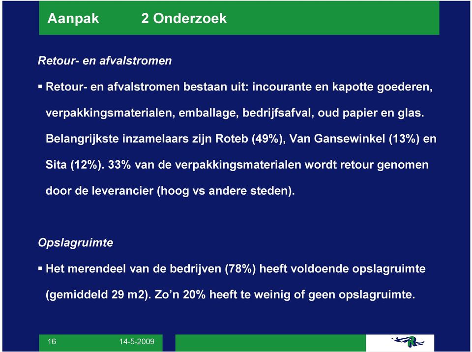 Belangrijkste inzamelaars zijn Roteb (49%), Van Gansewinkel (13%) en Sita (12%).