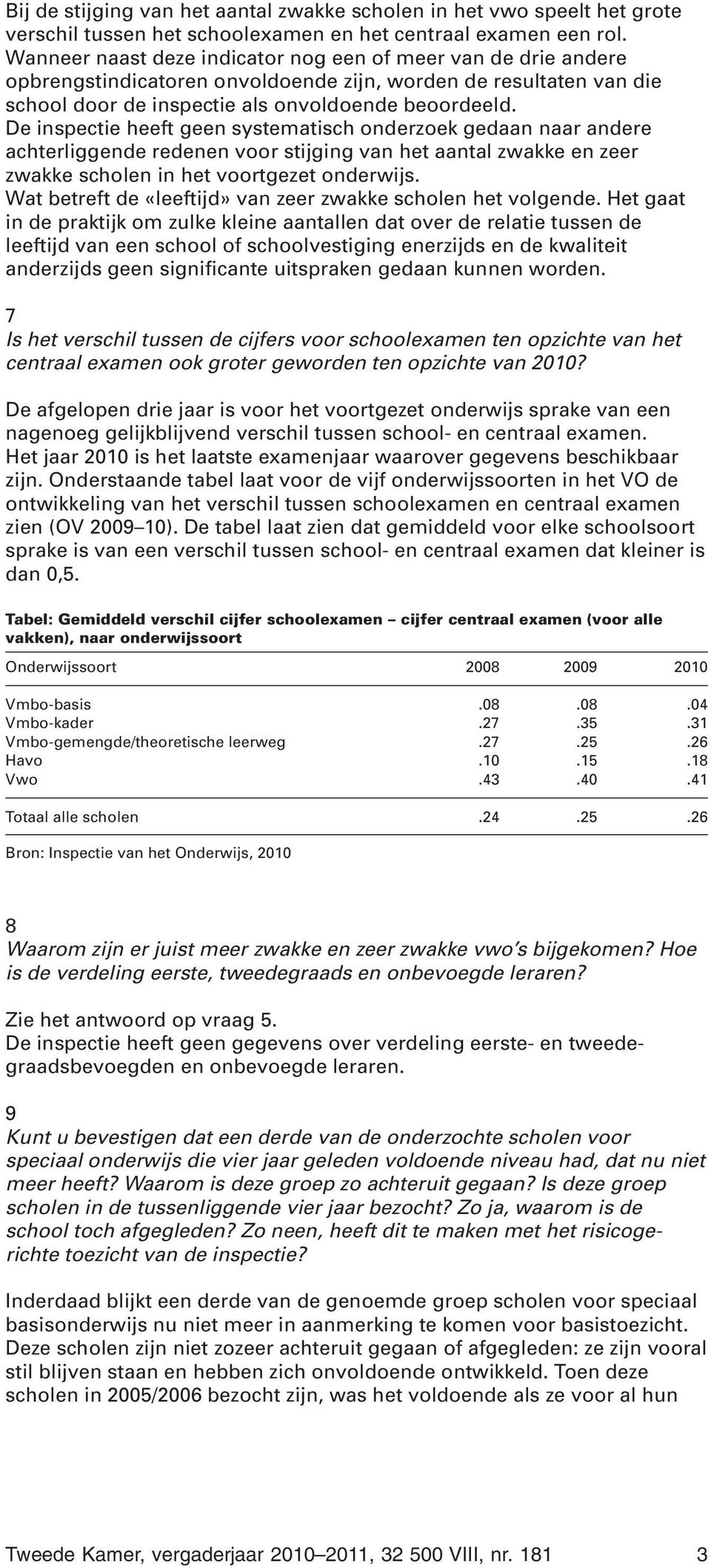 De inspectie heeft geen systematisch onderzoek gedaan naar andere achterliggende redenen voor stijging van het aantal zwakke en zeer zwakke scholen in het voortgezet onderwijs.