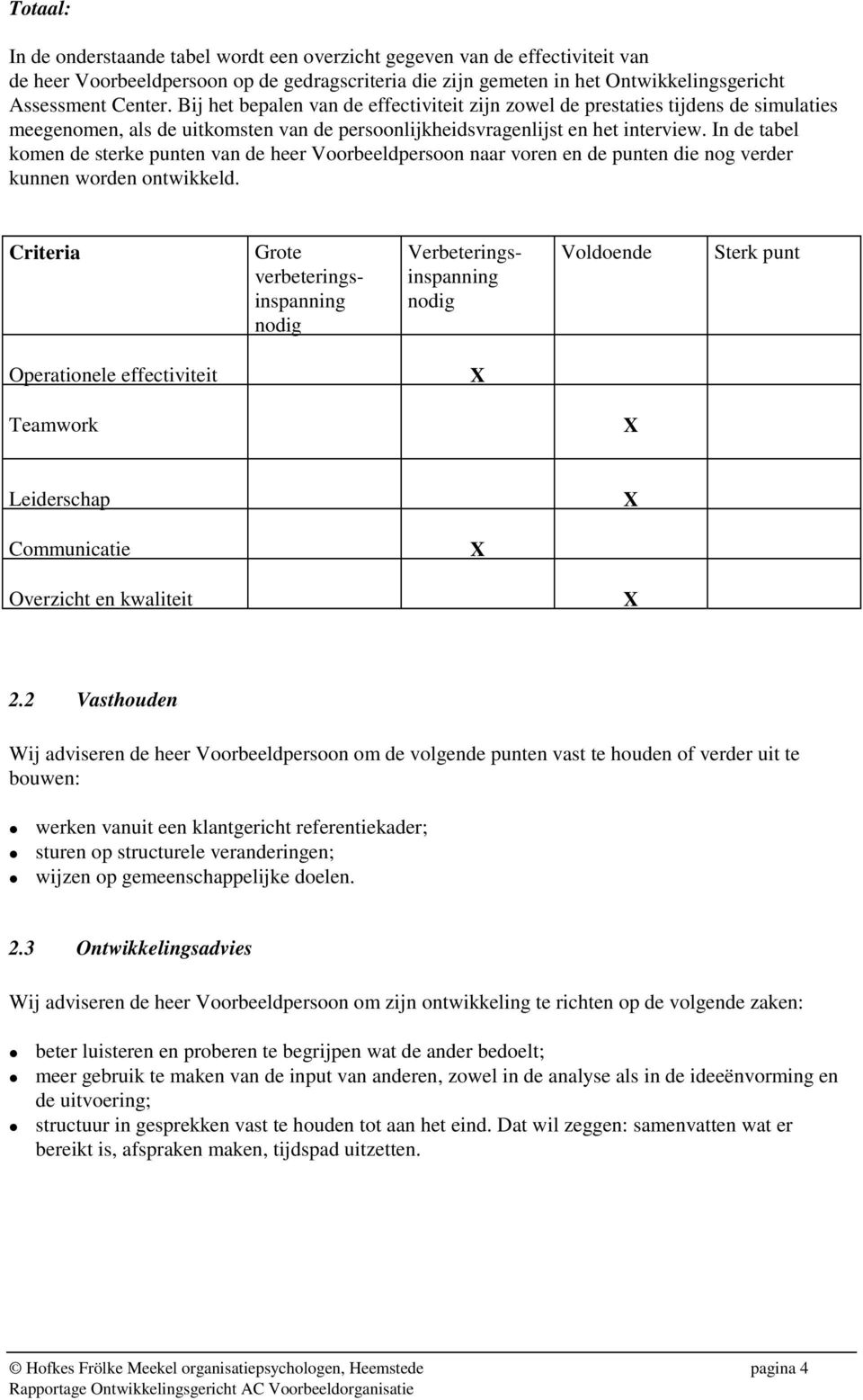 In de tabel komen de sterke punten van de heer Voorbeeldpersoon naar voren en de punten die nog verder kunnen worden ontwikkeld.