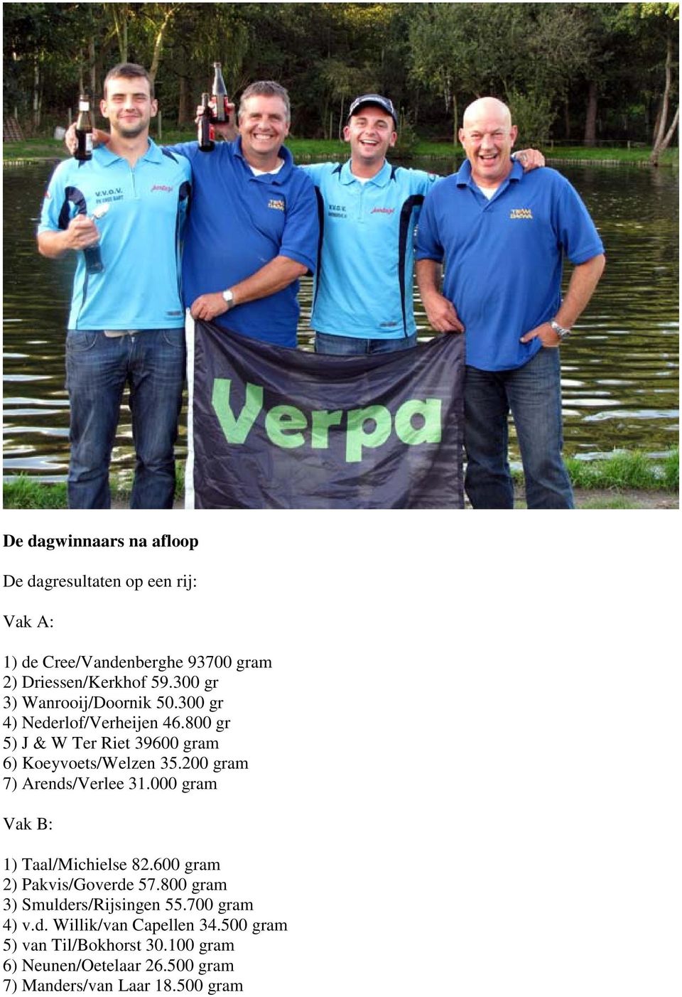 200 gram 7) Arends/Verlee 31.000 gram Vak B: 1) Taal/Michielse 82.600 gram 2) Pakvis/Goverde 57.