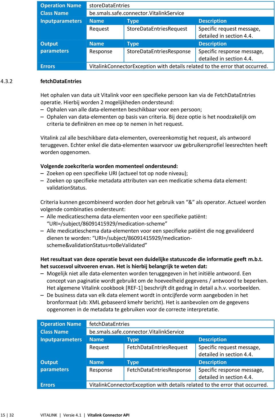 4. Output Name Type Description parameters Response StoreDataEntriesResponse Specific response message, detailed in section 4.4. Errors VitalinkConnectorException with details related to the error that occurred.