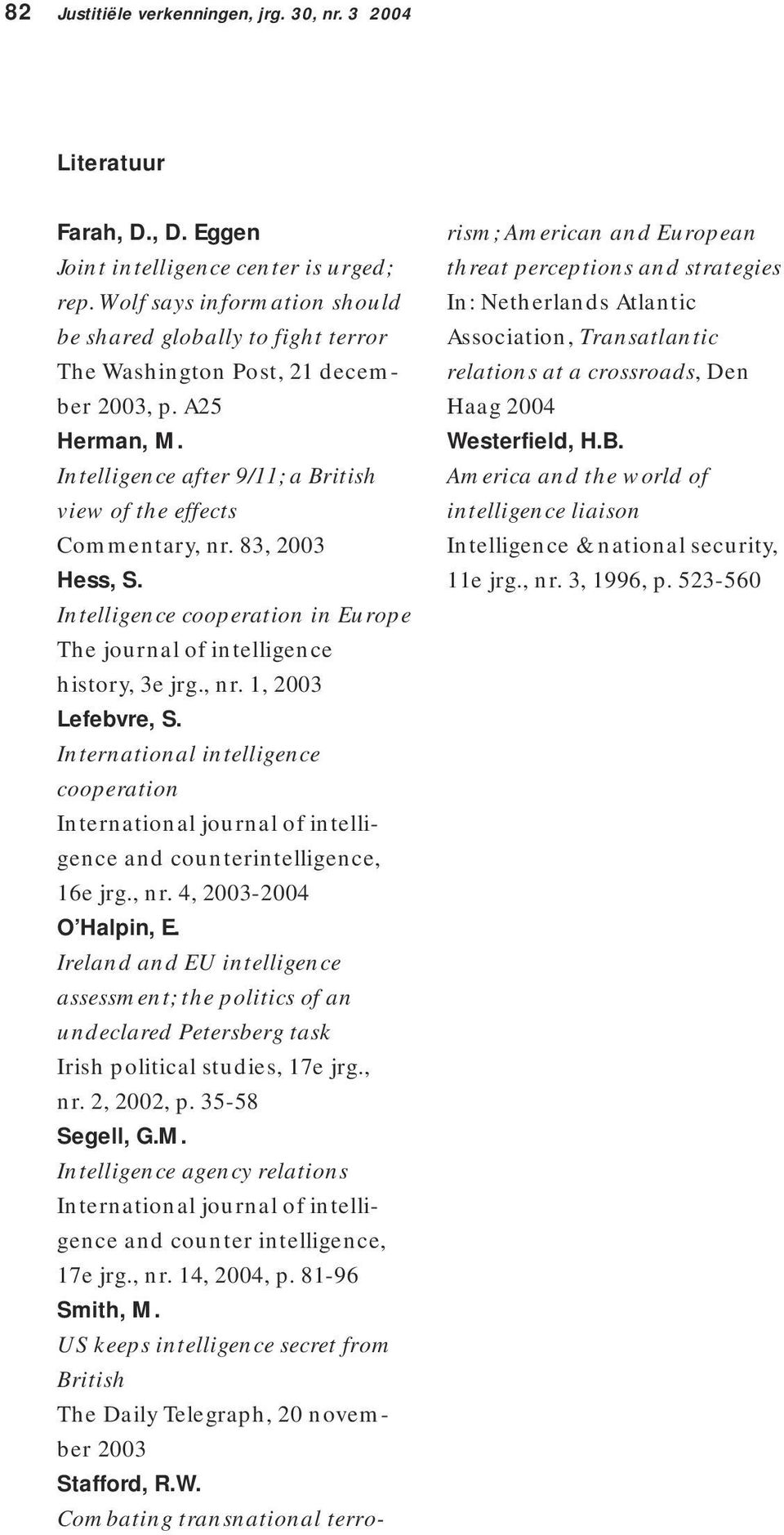 83, 2003 Hess, S. Intelligence cooperation in Europe The journal of intelligence history, 3e jrg., nr. 1, 2003 Lefebvre, S.