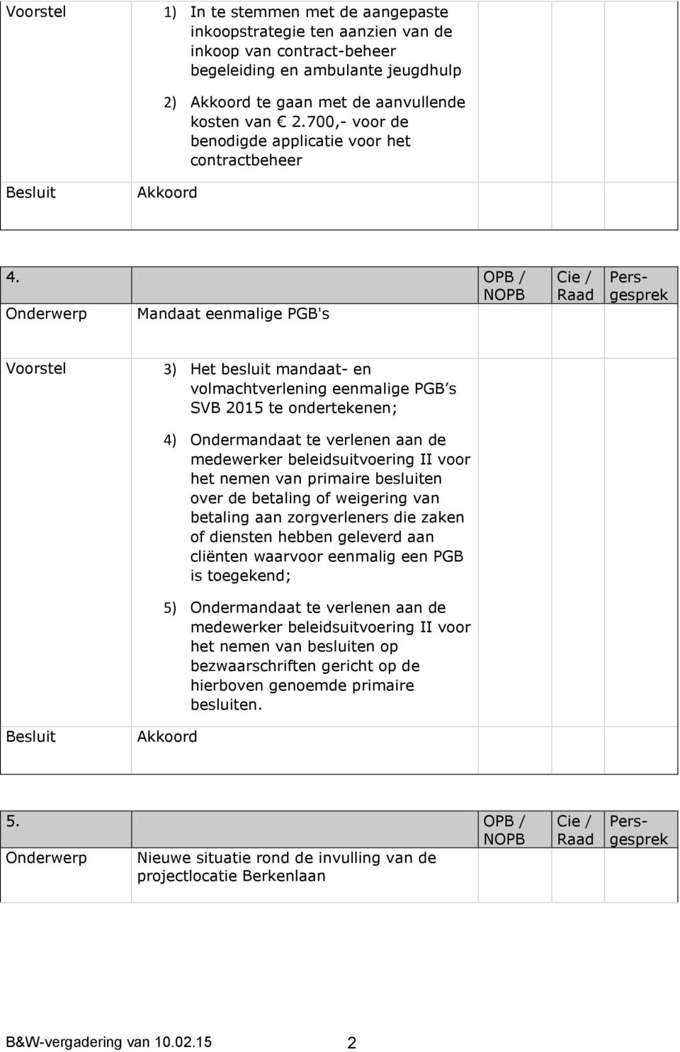 OPB / Onderwerp Mandaat eenmalige PGB's 3) Het besluit mandaat- en volmachtverlening eenmalige PGB s SVB 2015 te ondertekenen; 4) Ondermandaat te verlenen aan de medewerker beleidsuitvoering II voor