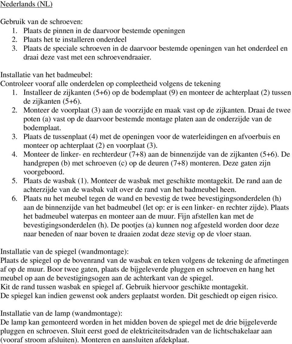 Installatie van het badmeubel: Controleer vooraf alle onderdelen op compleetheid volgens de tekening 1.