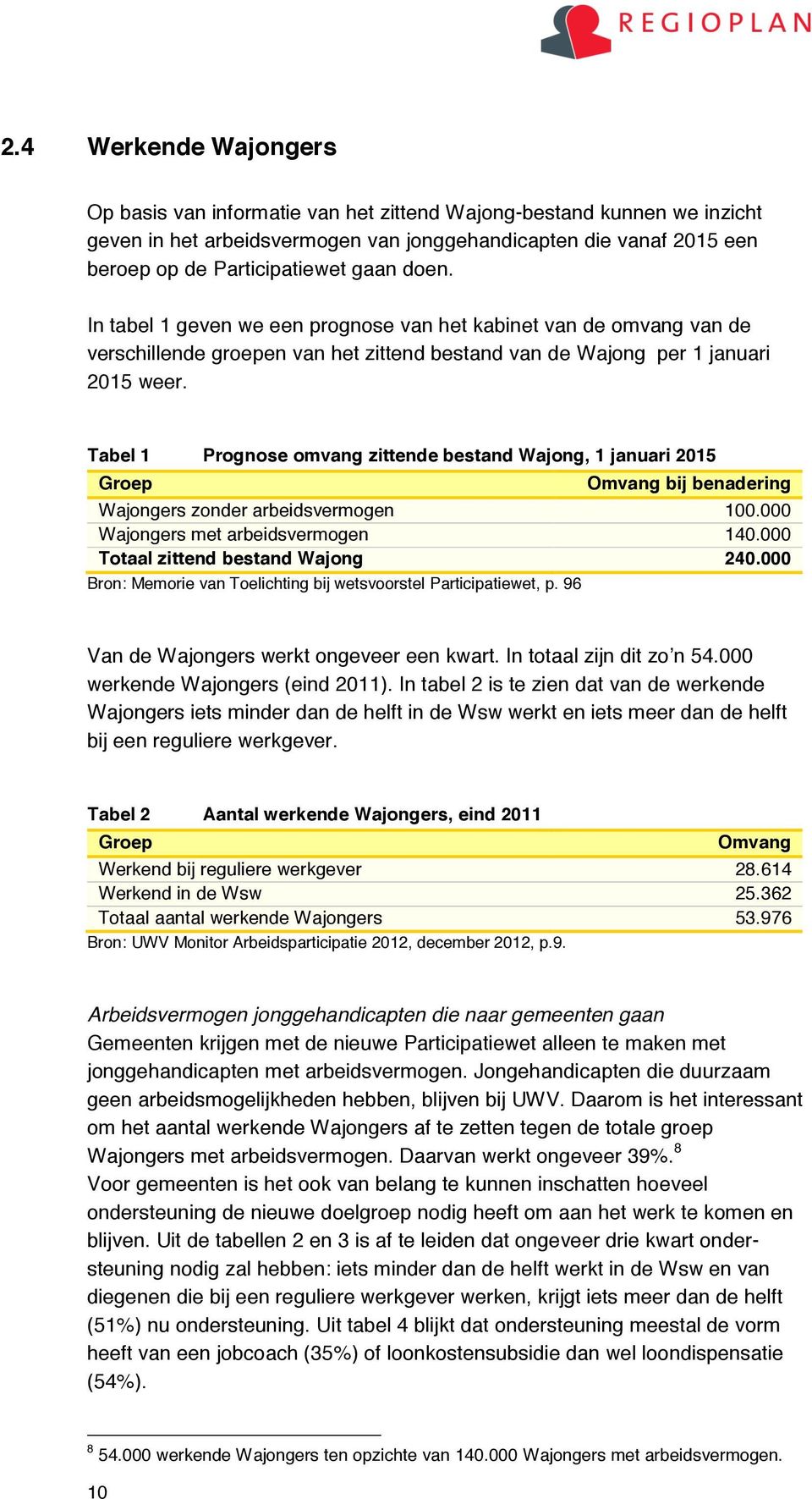 Tabel 1 Prognose omvang zittende bestand Wajong, 1 januari 2015 Groep Omvang bij benadering Wajongers zonder arbeidsvermogen 100.000 Wajongers met arbeidsvermogen 140.