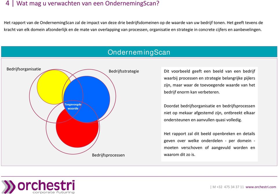 OndernemingScan Bedrijfsorganisatie Bedrijfsstrategie Dit voorbeeld geeft een beeld van een bedrijf waarbij processen en strategie belangrijke pijlers zijn, maar waar de toevoegende waarde van het