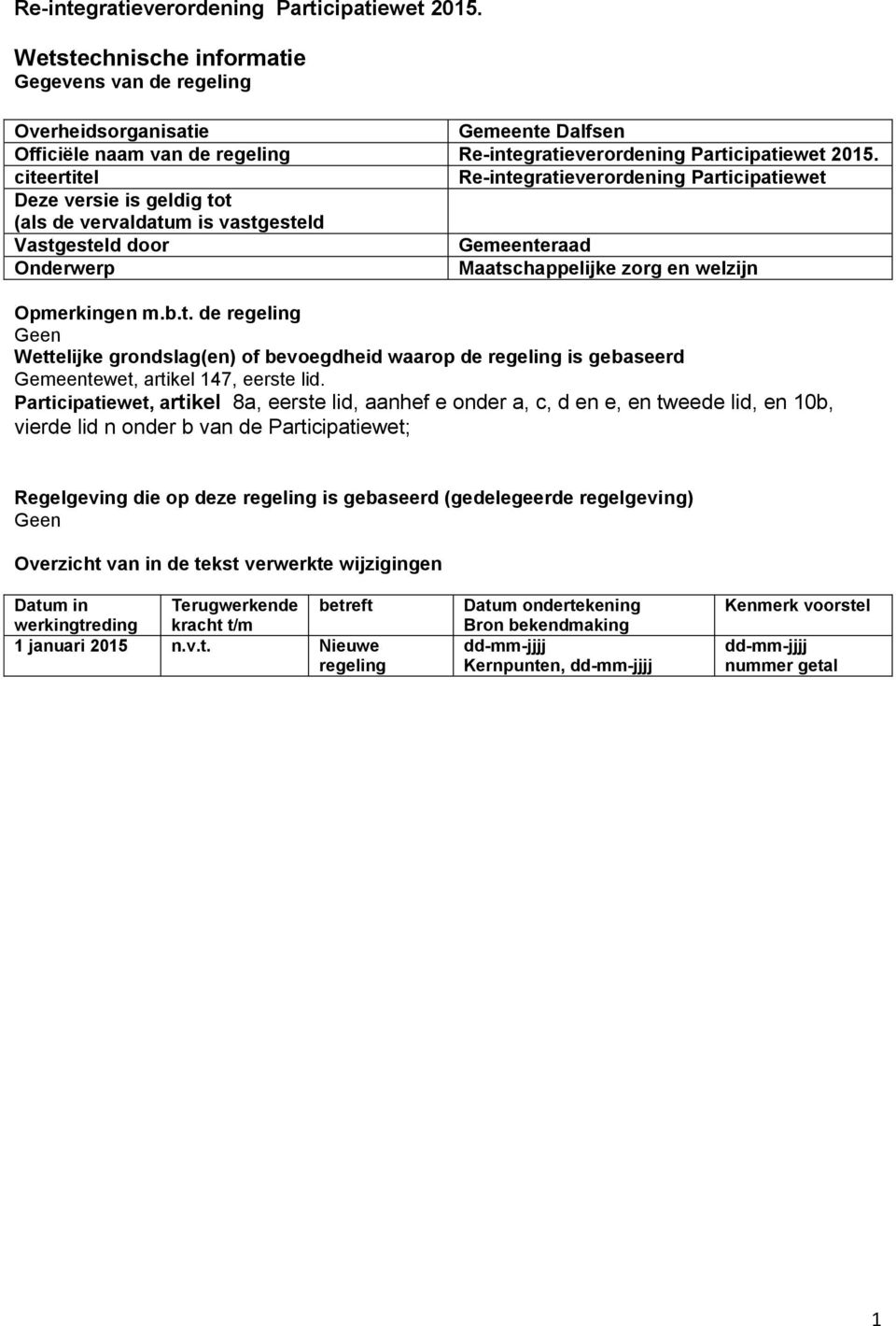 (als de vervaldatum is vastgesteld Vastgesteld door Gemeenteraad Onderwerp Maatschappelijke zorg en welzijn Opmerkingen m.b.t. de regeling Geen Wettelijke grondslag(en) of bevoegdheid waarop de regeling is gebaseerd Gemeentewet, artikel 147, eerste lid.