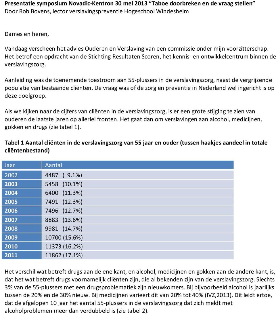 Aanleiding was de toenemende toestroom aan 55-plussers in de verslavingszorg, naast de vergrijzende populatie van bestaande cliënten.