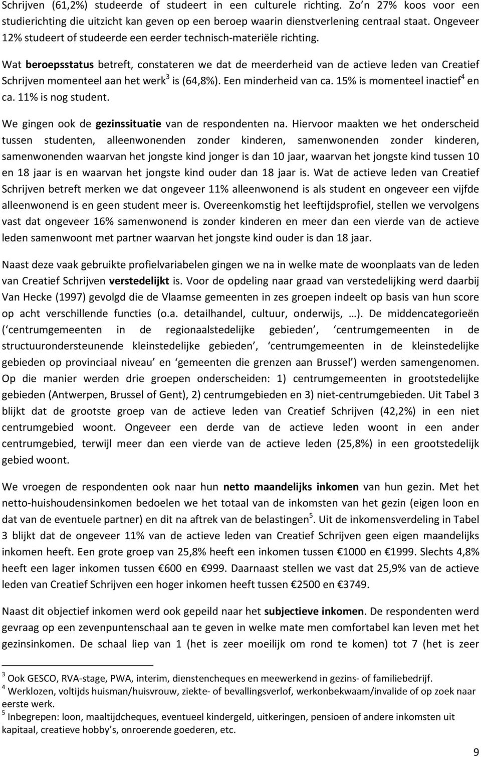 Wat beroepsstatus betreft, constateren we dat de meerderheid van de actieve leden van Creatief Schrijven momenteel aan het werk 3 is (64,8%). Een minderheid van ca. 15% is momenteel inactief 4 en ca.