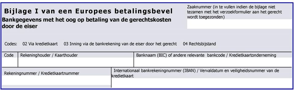 bankrekening van de eiser door het gerecht 04 Rechtsbijstand Code Rekeninghouder / Kaarthouder Banknaam (BIC) of andere relevante bankcode /