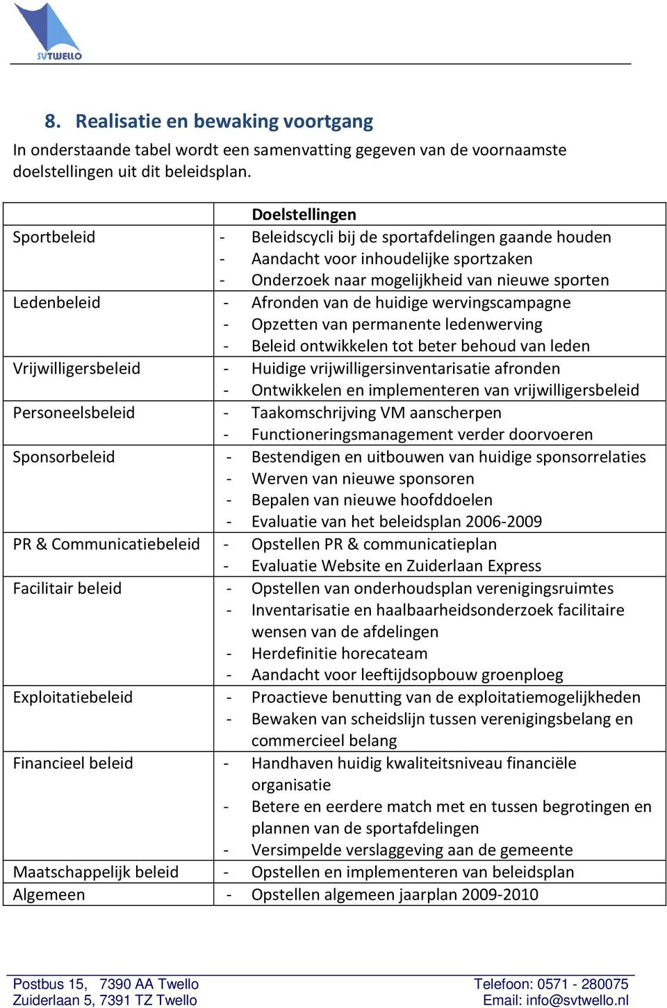 huidige wervingscampagne - Opzetten van permanente ledenwerving - Beleid ontwikkelen tot beter behoud van leden Vrijwilligersbeleid - Huidige vrijwilligersinventarisatie afronden - Ontwikkelen en