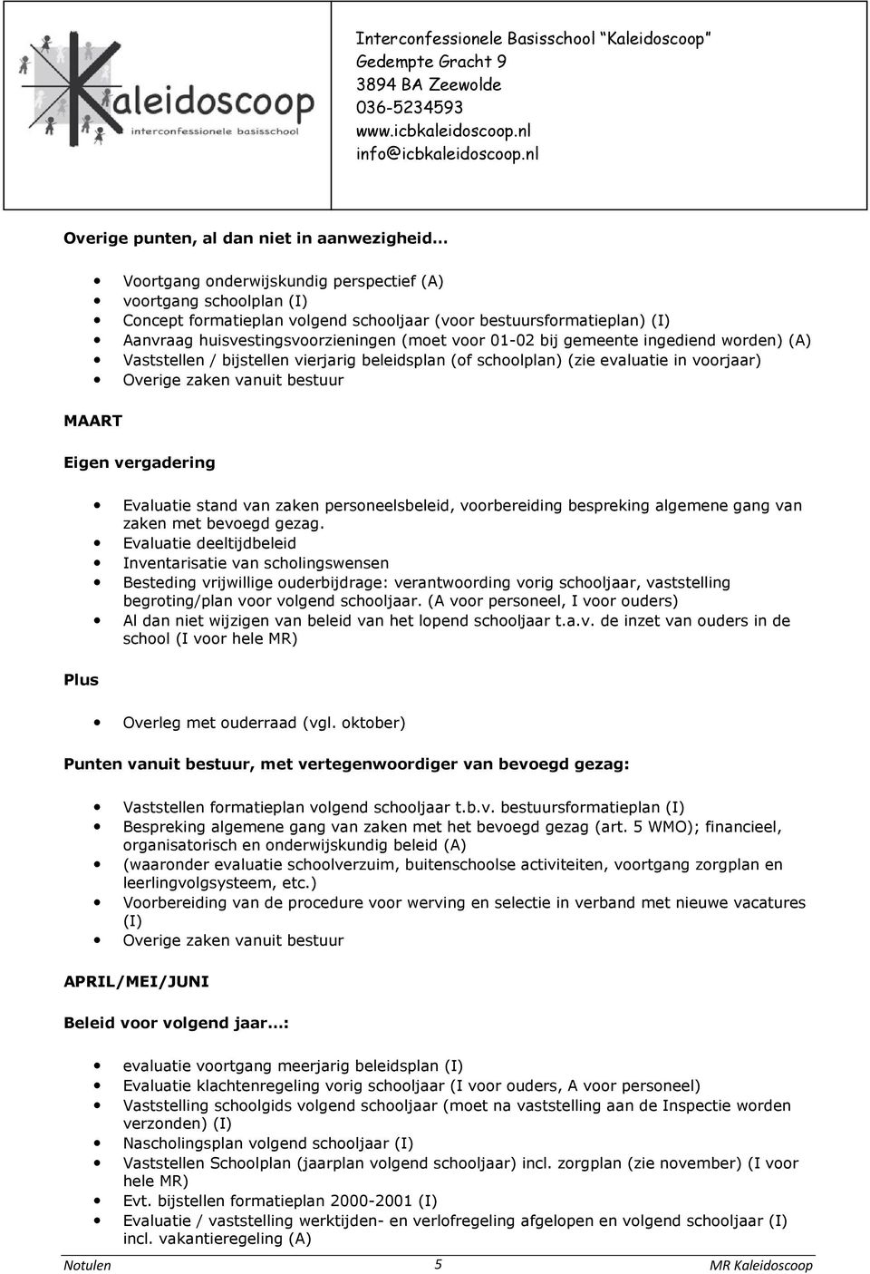 MAART Evaluatie stand van zaken personeelsbeleid, voorbereiding bespreking algemene gang van zaken met bevoegd gezag.