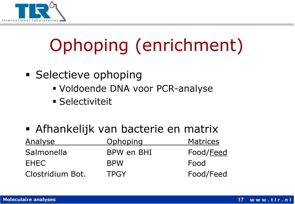 Analyse Ophoping Matrices Salmonella BPW en BHI Food/Feed EHEC