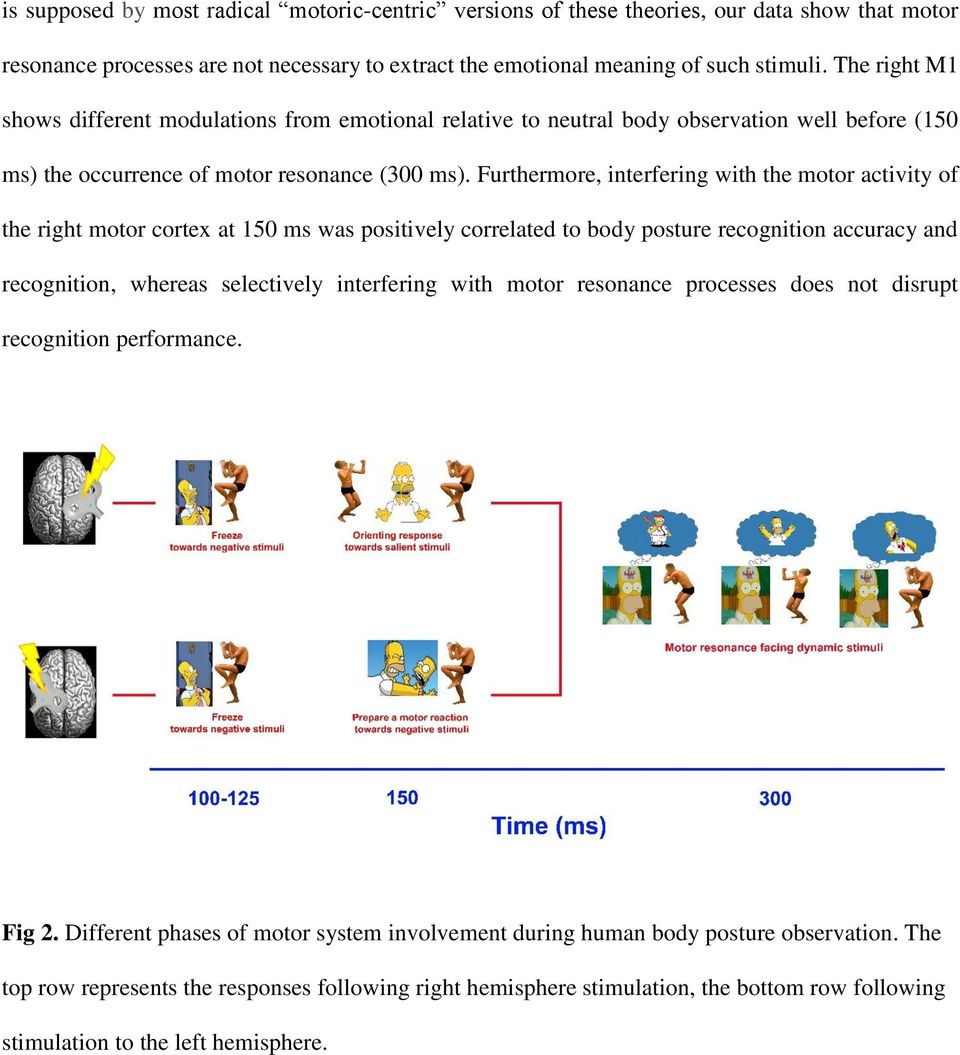 Furthermore, interfering with the motor activity of the right motor cortex at 150 ms was positively correlated to body posture recognition accuracy and recognition, whereas selectively interfering