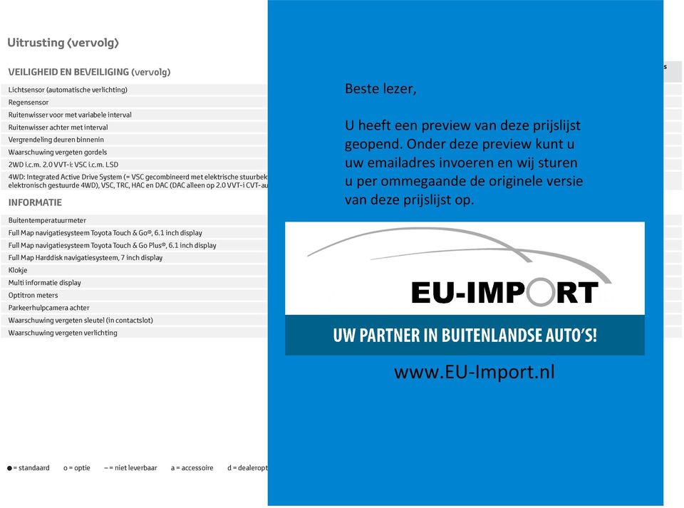 0 VVT-i CVT-automaat) INFORMATIE Buitentemperatuurmeter Full Map navigatiesysteem Toyota Touch & Go, 6.1 inch display d Full Map navigatiesysteem Toyota Touch & Go Plus, 6.