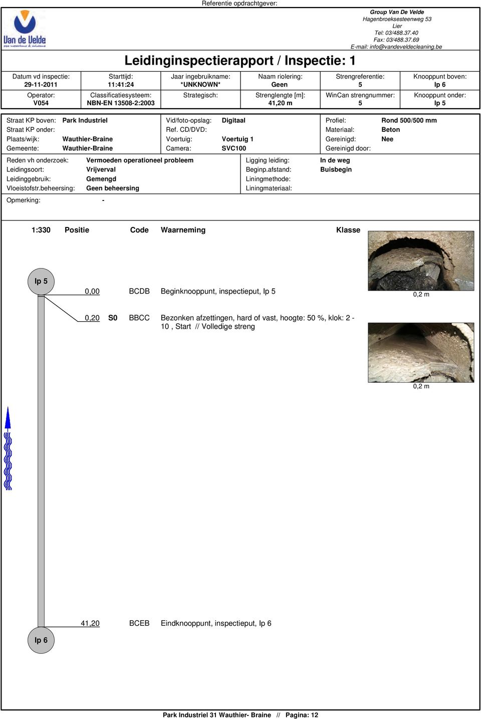 Strenglengte [m]: WinCan strengnummer: Knooppunt onder: V054 NBN-EN 13508-2:2003 41,2 5 Ip 5 Straat KP boven: Park Industriel Vid/foto-opslag: Digitaal Profiel: Straat KP onder: Ref.