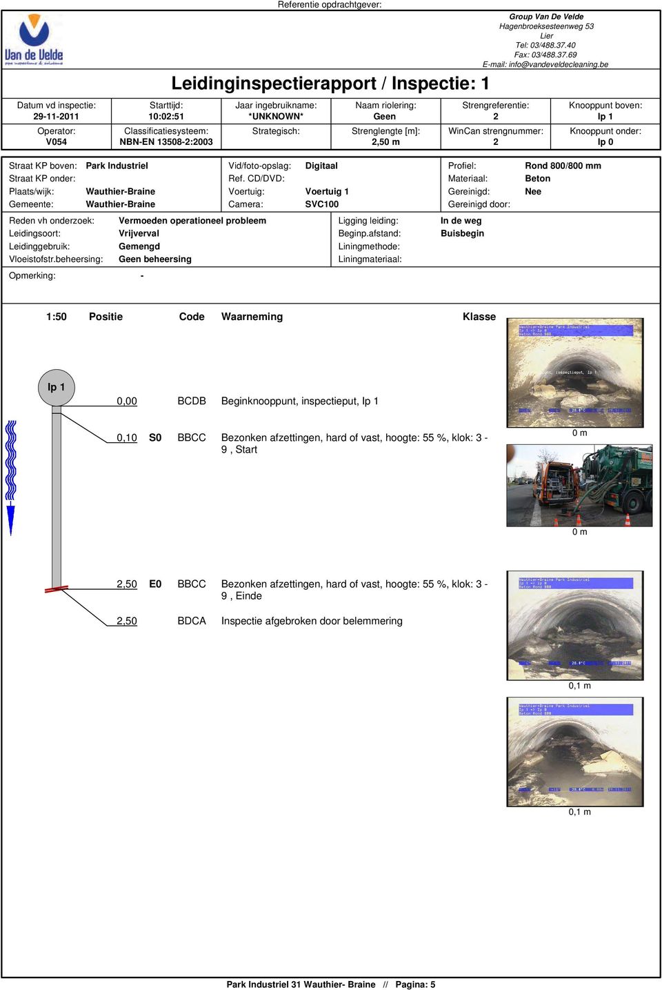 Strenglengte [m]: WinCan strengnummer: Knooppunt onder: V054 NBN-EN 13508-2:2003 2,5 2 Ip 0 Straat KP boven: Park Industriel Vid/foto-opslag: Digitaal Profiel: Straat KP onder: Ref.