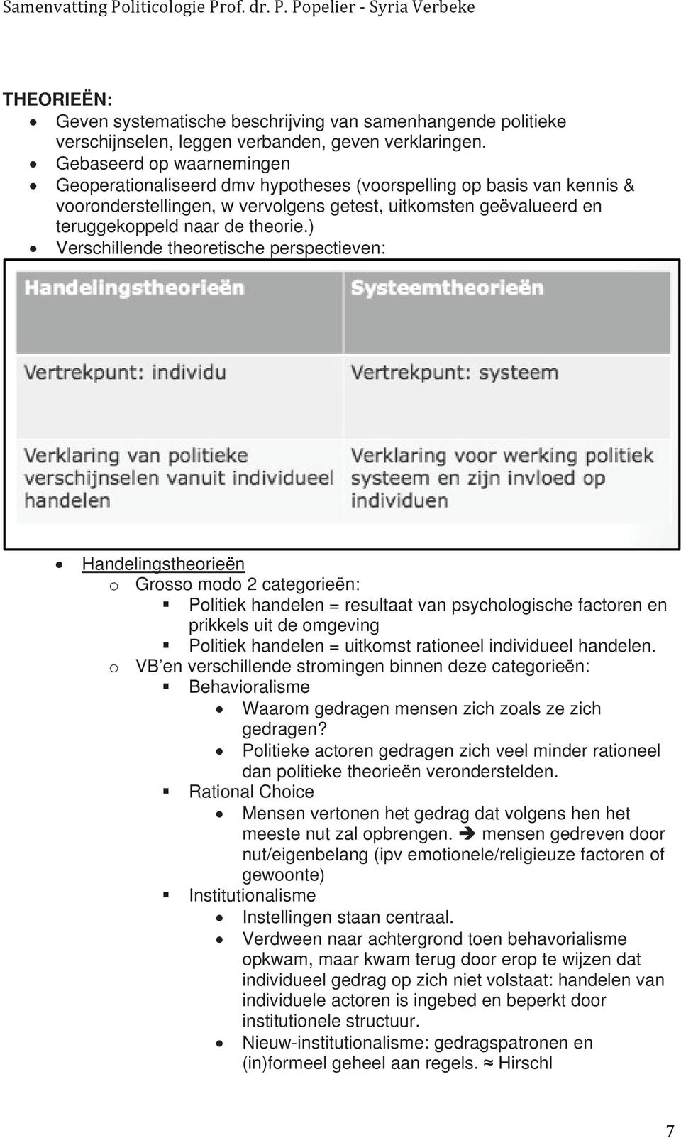 ) Verschillende theoretische perspectieven: Handelingstheorieën o Grosso modo 2 categorieën: Politiek handelen = resultaat van psychologische factoren en prikkels uit de omgeving Politiek handelen =