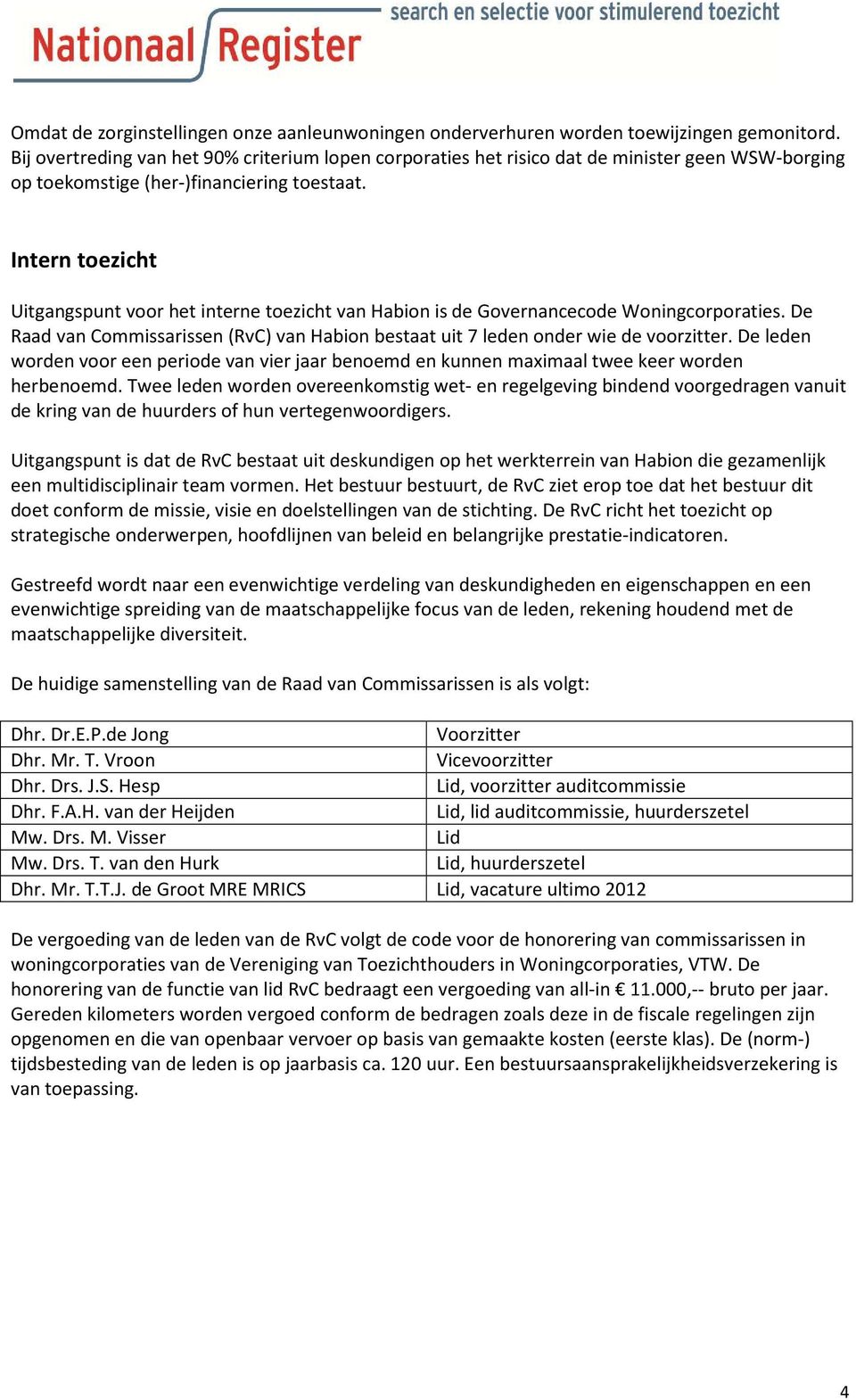 Intern toezicht Uitgangspunt voor het interne toezicht van Habion is de Governancecode Woningcorporaties. De Raad van Commissarissen (RvC) van Habion bestaat uit 7 leden onder wie de voorzitter.