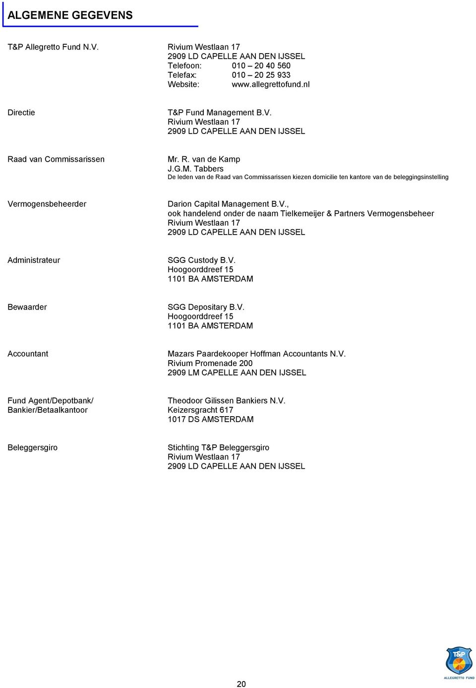 V., ook handelend onder de naam Tielkemeijer & Partners Vermogensbeheer Rivium Westlaan 17 2909 LD CAPELLE AAN DEN IJSSEL Administrateur SGG Custody B.V. Hoogoorddreef 15 1101 BA AMSTERDAM Bewaarder SGG Depositary B.