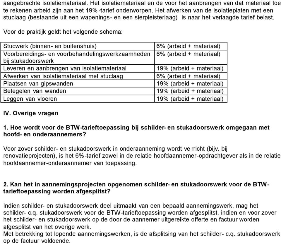 Voor de praktijk geldt het volgende schema: Stucwerk (binnen- en buitenshuis) Voorbereidings- en voorbehandelingswerkzaamheden bij stukadoorswerk Leveren en aanbrengen van isolatiemateriaal Afwerken