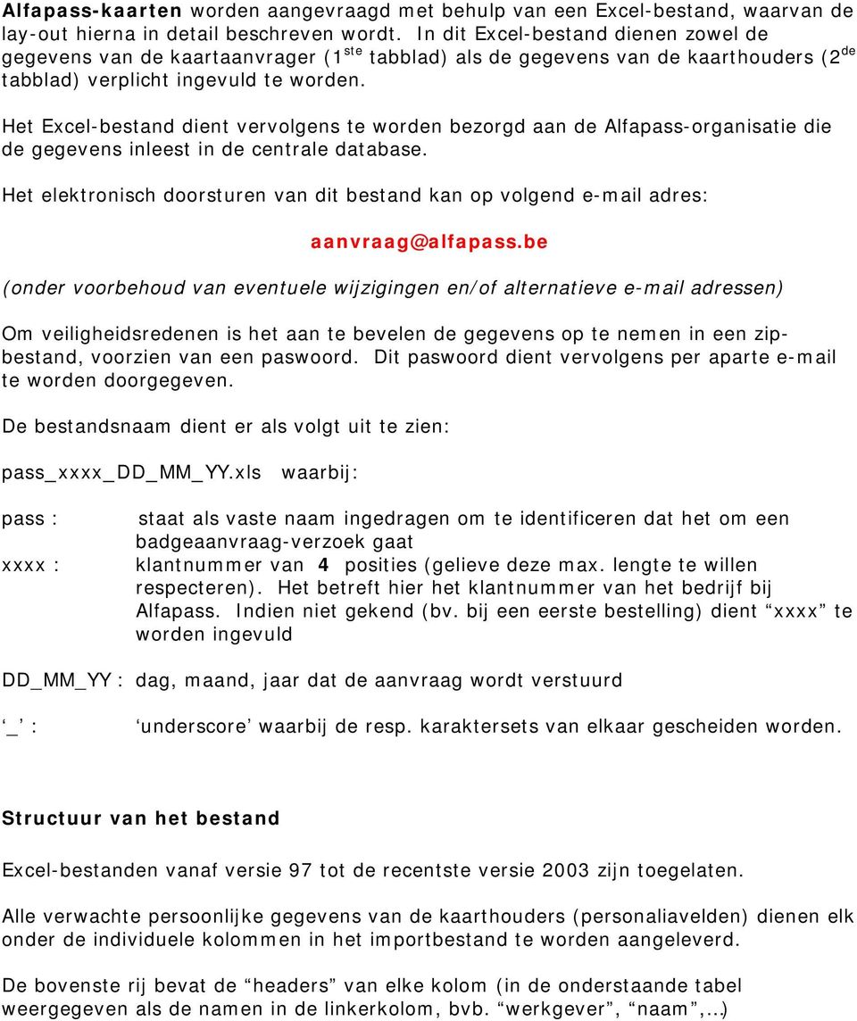 Het Excel-bestand dient vervolgens te worden bezorgd aan de Alfapass-organisatie die de gegevens inleest in de centrale database.