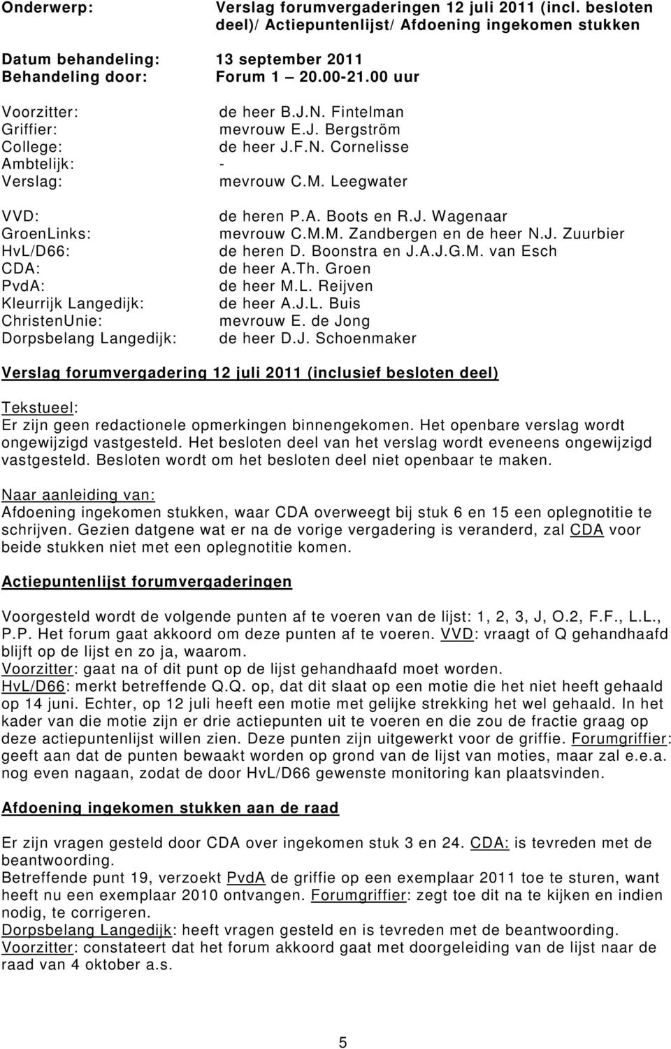 Leegwater VVD: GroenLinks: HvL/D66: CDA: PvdA: Kleurrijk Langedijk: ChristenUnie: Dorpsbelang Langedijk: de heren P.A. Boots en R.J. Wagenaar mevrouw C.M.M. Zandbergen en de heer N.J. Zuurbier de heren D.