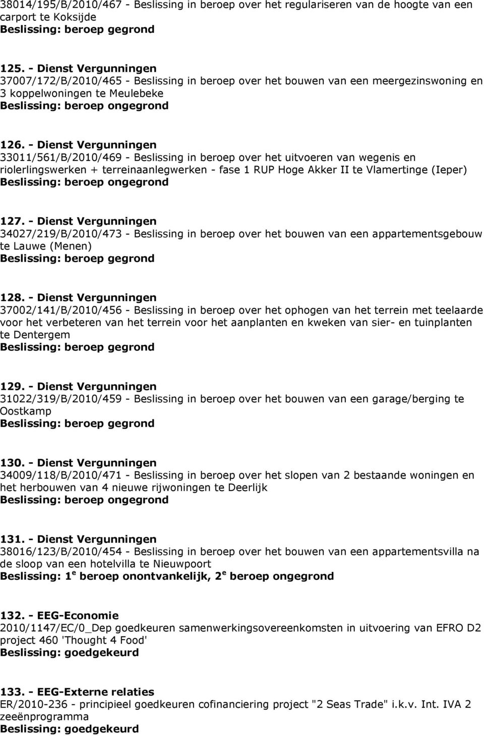 - Dienst Vergunningen 33011/561/B/2010/469 - Beslissing in beroep over het uitvoeren van wegenis en riolerlingswerken + terreinaanlegwerken - fase 1 RUP Hoge Akker II te Vlamertinge (Ieper)