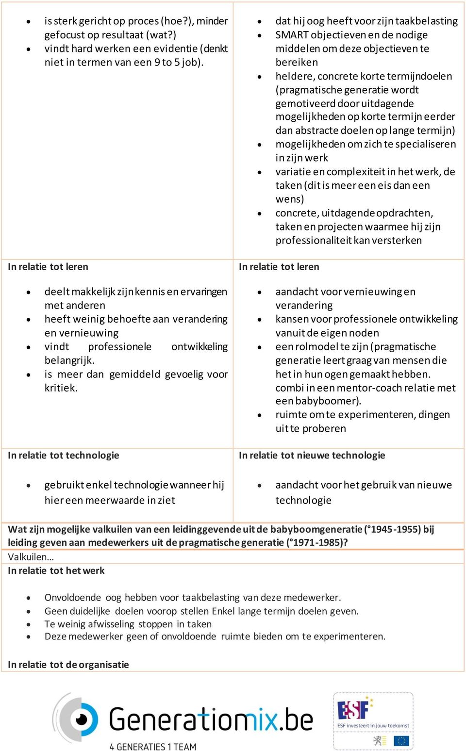 uitdagende mogelijkheden op korte termijn eerder dan abstracte doelen op lange termijn) mogelijkheden om zich te specialiseren in zijn werk variatie en complexiteit in het werk, de taken (dit is meer