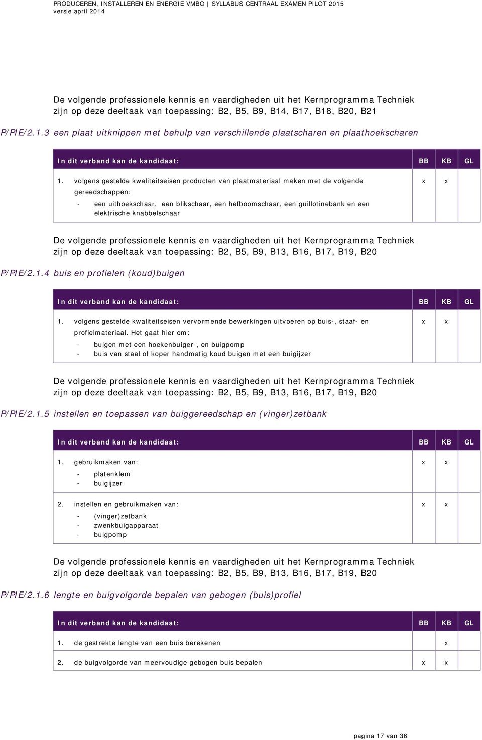 knabbelschaar zijn op deze deeltaak van toepassing: B2, B5, B9, B13, B16, B17, B19, B20 P/PIE/2.1.4 buis en profielen (koud)buigen 1.