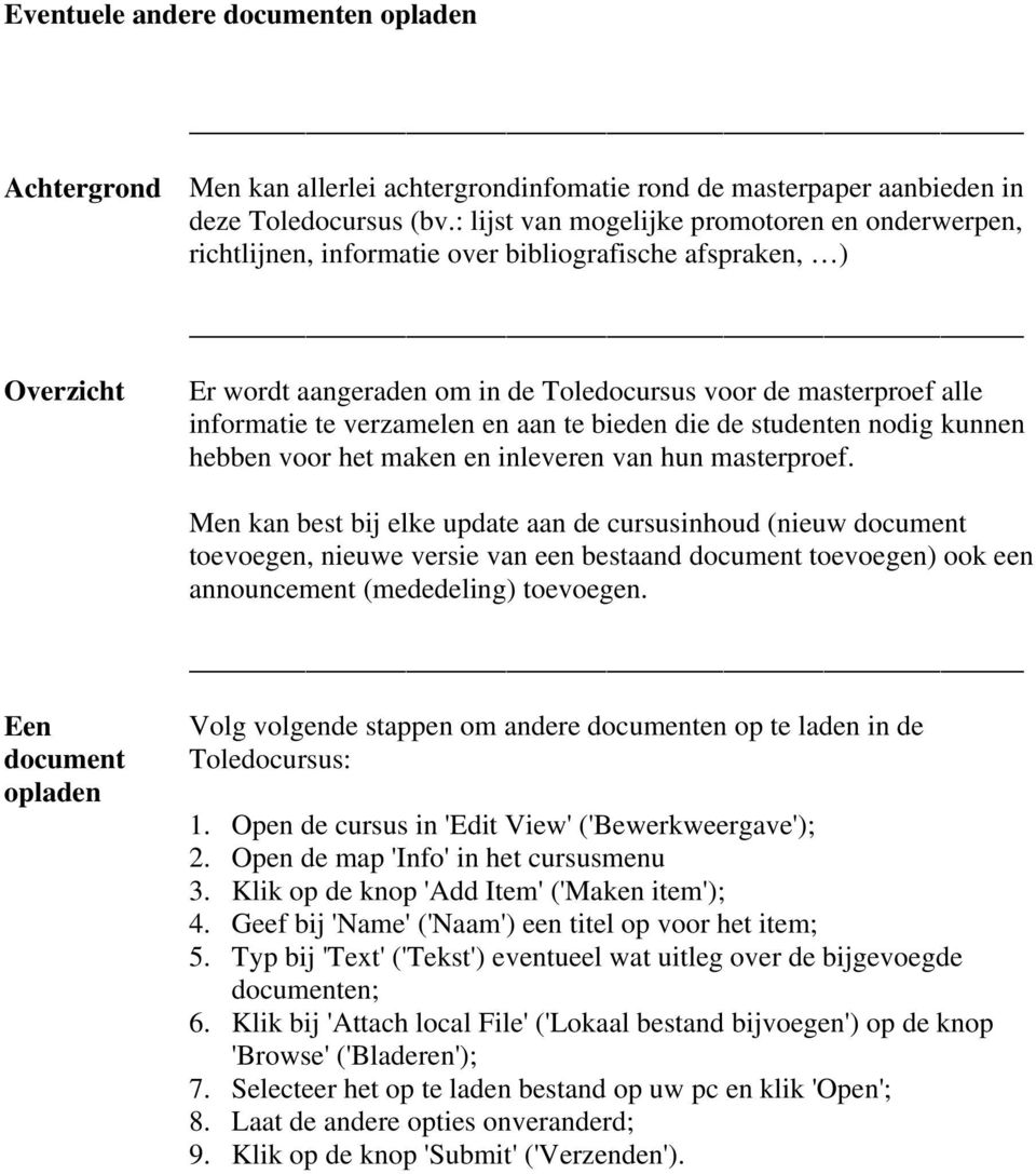 en aan te bieden die de studenten nodig kunnen hebben voor het maken en inleveren van hun masterproef.