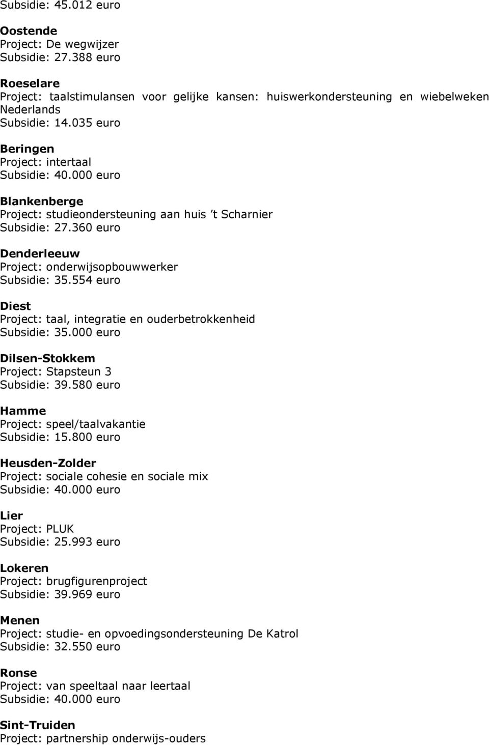 554 euro Diest Project: taal, integratie en ouderbetrokkenheid Subsidie: 35.000 euro Dilsen-Stokkem Project: Stapsteun 3 Subsidie: 39.580 euro Hamme Project: speel/taalvakantie Subsidie: 15.