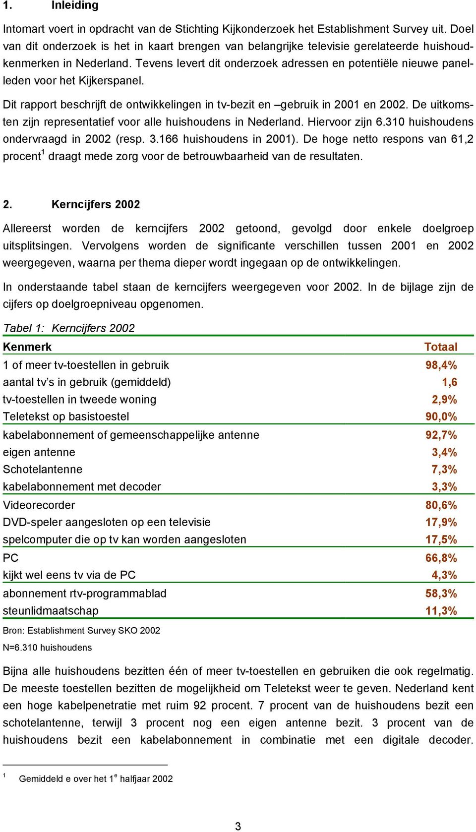 Tevens levert dit onderzoek adressen en potentiële nieuwe panelleden voor het Kijkerspanel. Dit rapport beschrijft de ontwikkelingen in tv-bezit en gebruik in 2001 en 2002.