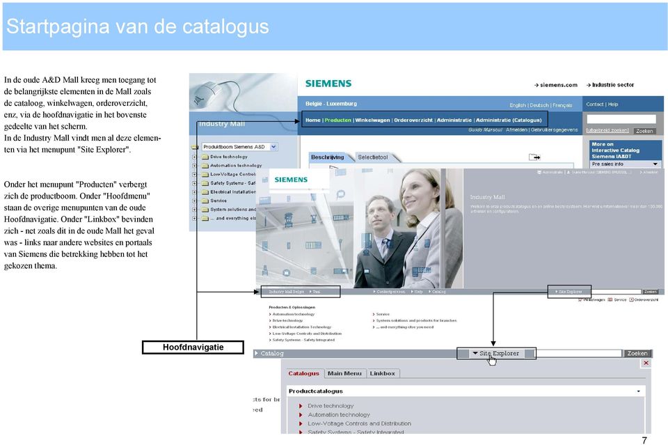 Onder het menupunt "Producten" verbergt zich de productboom. Onder "Hoofdmenu" staan de overige menupunten van de oude Hoofdnavigatie.