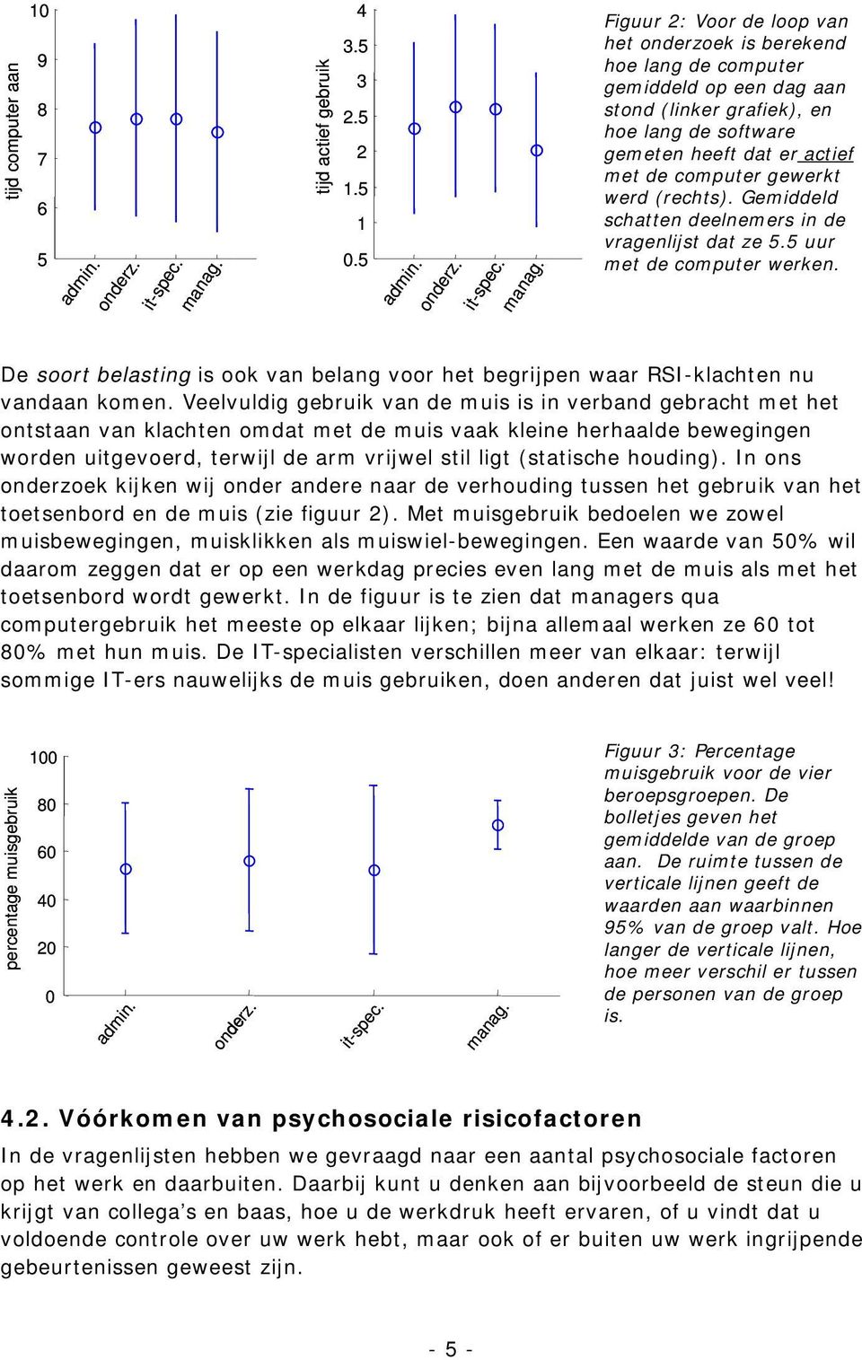 Figuur 2: Voor de loop van het onderzoek is berekend hoe lang de computer gemiddeld op een dag aan stond (linker grafiek), en hoe lang de software gemeten heeft dat er actief met de computer gewerkt