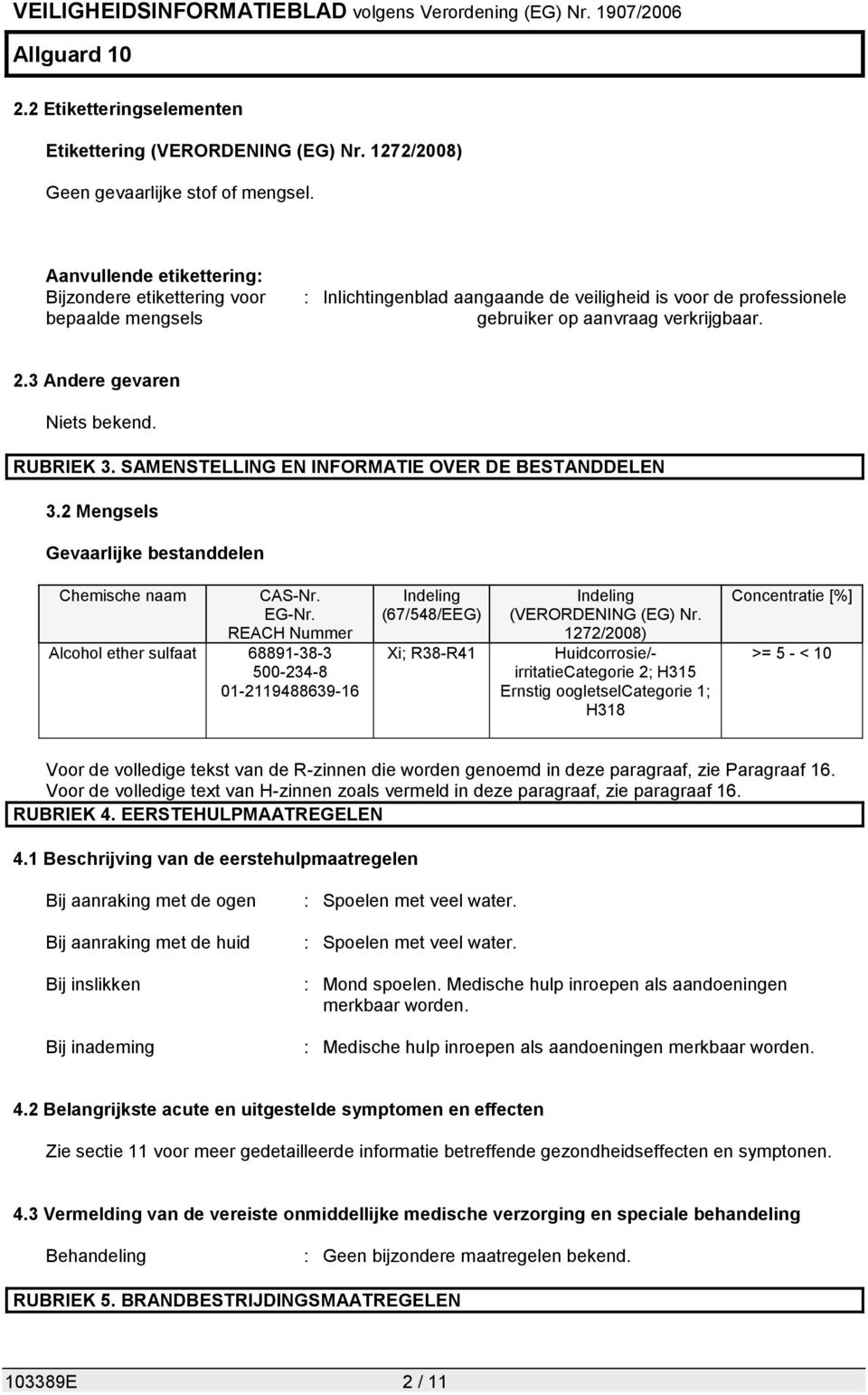 3 Andere gevaren Niets bekend. RUBRIEK 3. SAMENSTELLING EN INFORMATIE OVER DE BESTANDDELEN 3.2 Mengsels Gevaarlijke bestanddelen Chemische naam CAS-Nr. EG-Nr.