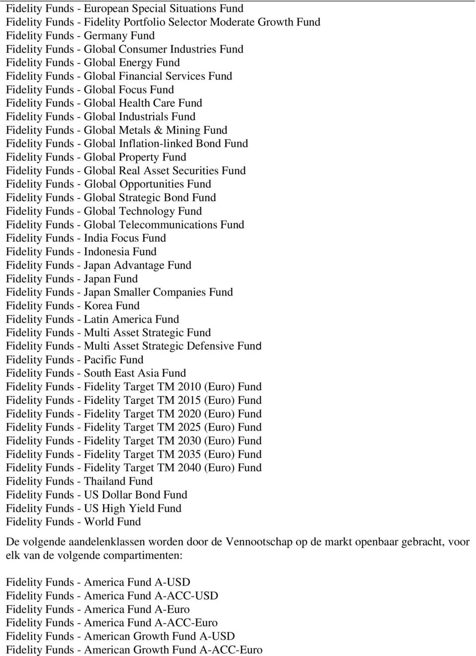 Fund Fidelity Funds - Global Metals & Mining Fund Fidelity Funds - Global Inflation-linked Bond Fund Fidelity Funds - Global Property Fund Fidelity Funds - Global Real Asset Securities Fund Fidelity