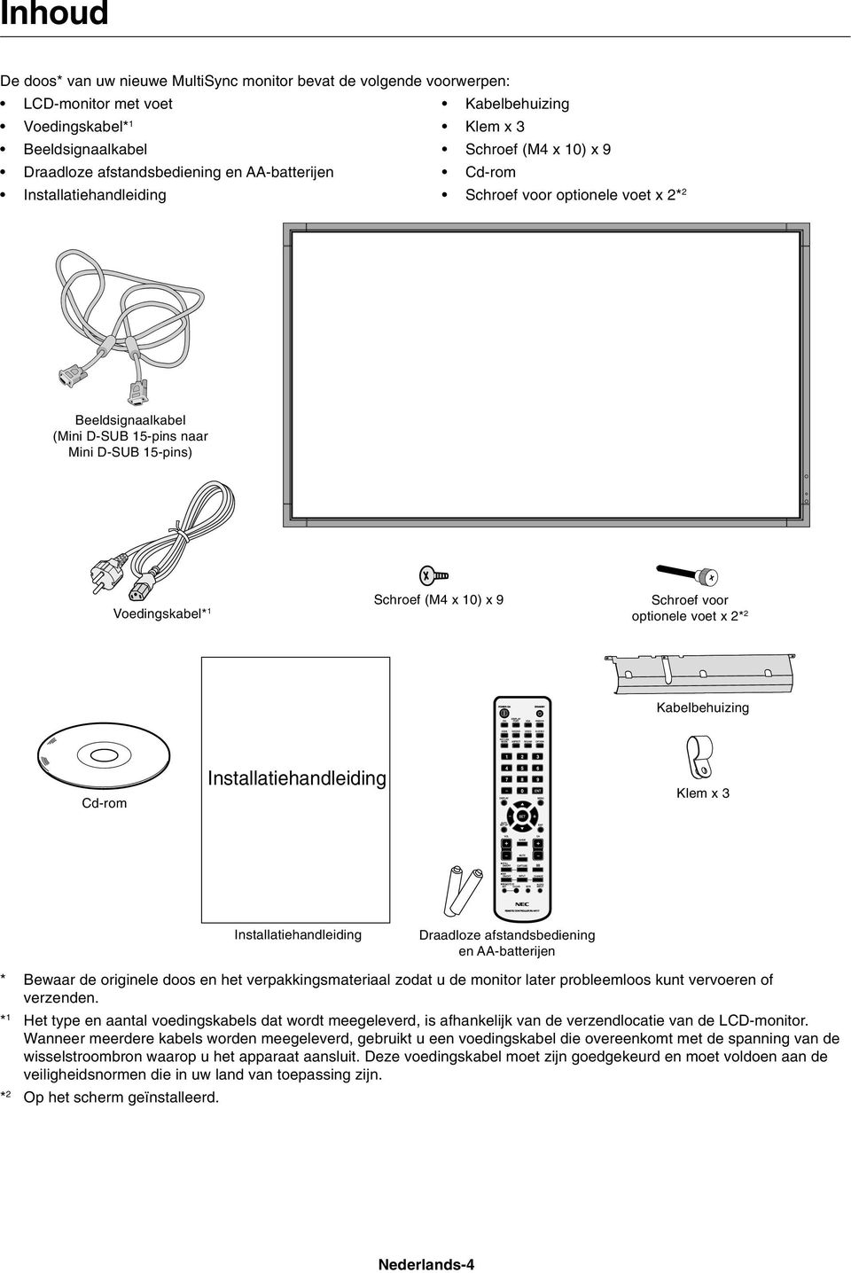 9 Schroef voor optionele voet x 2* 2 Kabelbehuizing Cd-rom Installatiehandleiding Klem x 3 Installatiehandleiding Draadloze afstandsbediening en AA-batterijen * Bewaar de originele doos en het