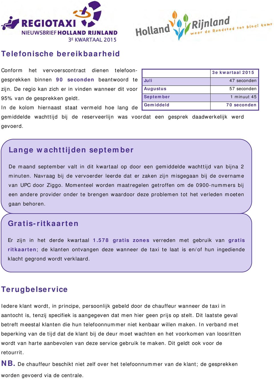 In de kolom hiernaast staat vermeld hoe lang de Juli Augustus September Gemiddeld 47 seconden 57 seconden 1 minuut 45 7 seconden gemiddelde wachttijd bij de reserveerlijn was voordat een gesprek