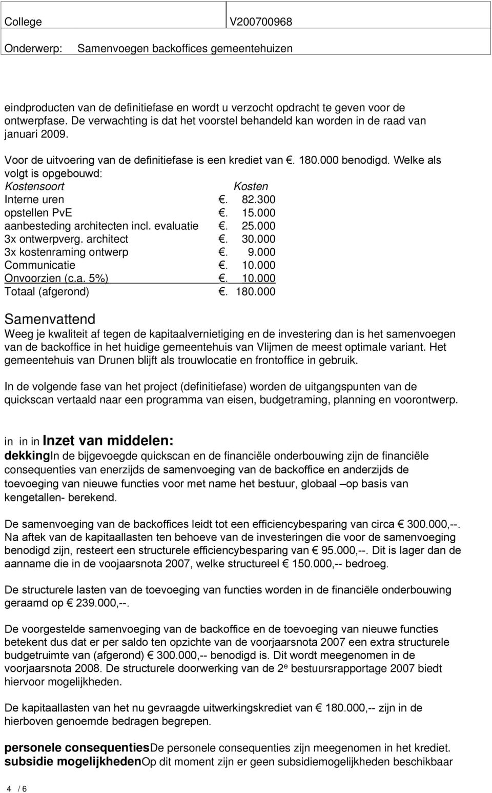 evaluatie. 25.000 3x ontwerpverg. architect. 30.000 3x kostenraming ontwerp. 9.000 Communicatie. 10.000 Onvoorzien (c.a. 5%). 10.000 Totaal (afgerond). 180.